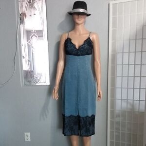 idem ditto Blue Denim Dress with Black Lace Trim WMNS Small - Front Slit - Zip